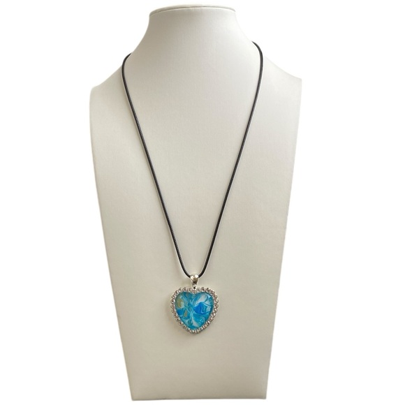 Handmade Blue Fluid Art Heart Pendant Necklace Silver Tone Rhinestone Frame - Picture 3 of 10